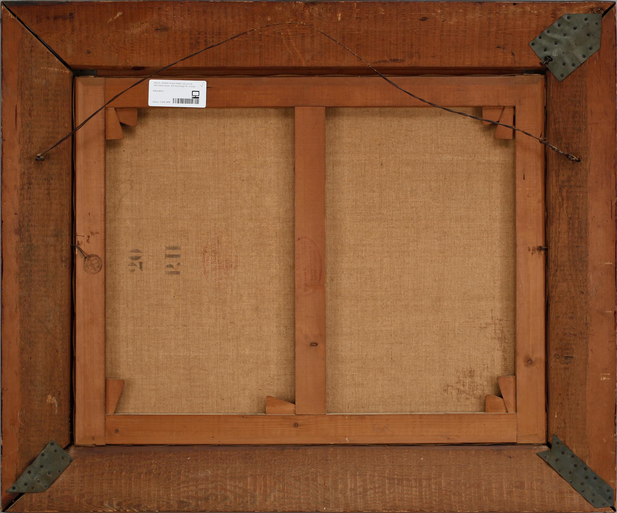 OKÄND KONSTNÄR, olja på duk. 1900-talets början. Bär blyertssign RL a tergo.