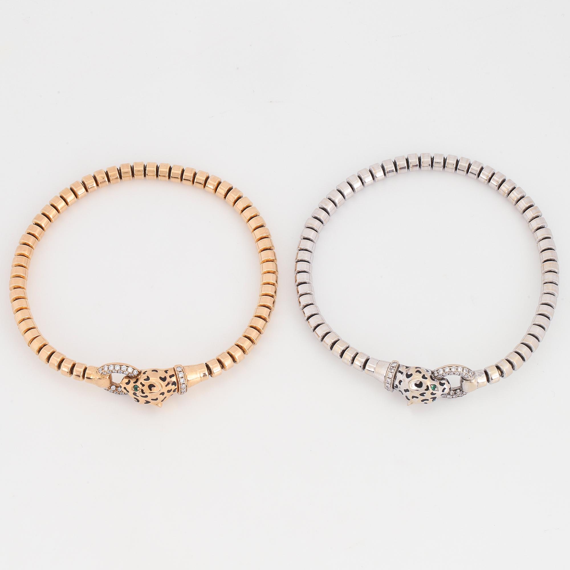 Two panther stretchy white gold and rosé gold with brilliant-cut diamonds.