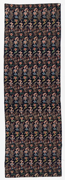 A set of three bolts of silk with 'five clawed dragons' against a midnight blue ground, Qing dynasty, 19th century.