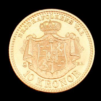 GULDMYNT, 10 kr, Oscar II, 1883. Vikt ca 5 g.