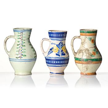 A group of seven European faiance and earthenware pitchers, partly France and Italy 19th century.