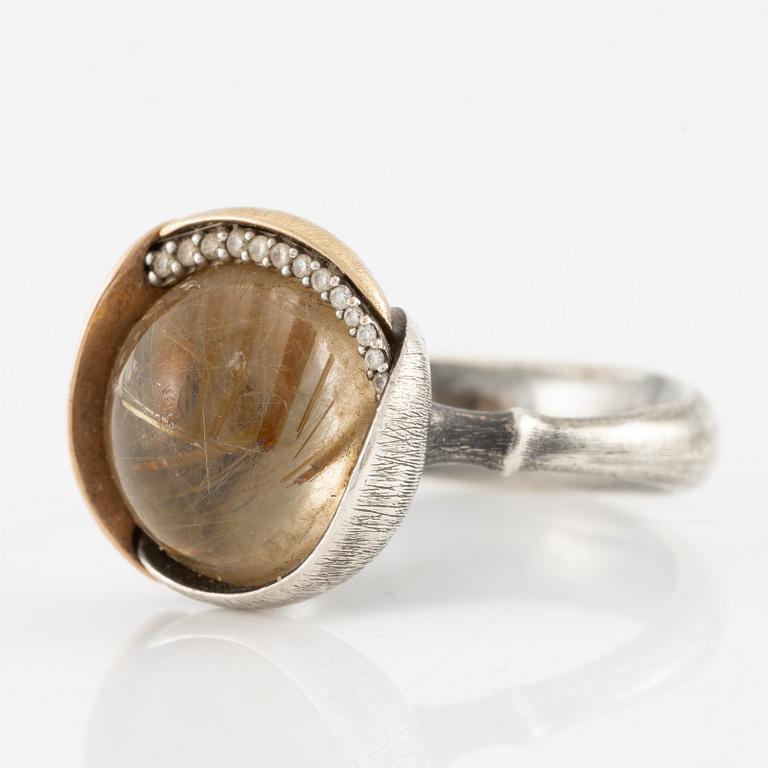 Charlotte Lynggaard, Ole Lyngaard, ring, "Lotus" silver and gilded with rutilated quartz and brilliant-cut diamonds.
