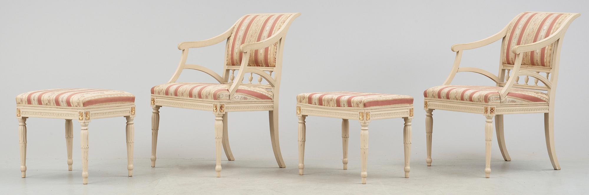 KARMSTOLAR SAMT FOTPALLAR, två par, Gustaviansk stil, omkring sekelskiftet 1900.