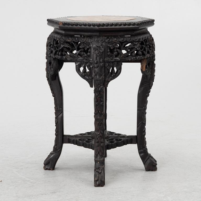 A Chinese small table, carved wood and stone, 1900s.