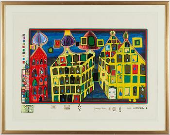 Friedensreich Hundertwasser, "Mit der libe warten tut weh wenn die liebe woanders ist. Ur "Regen auf Regentag.