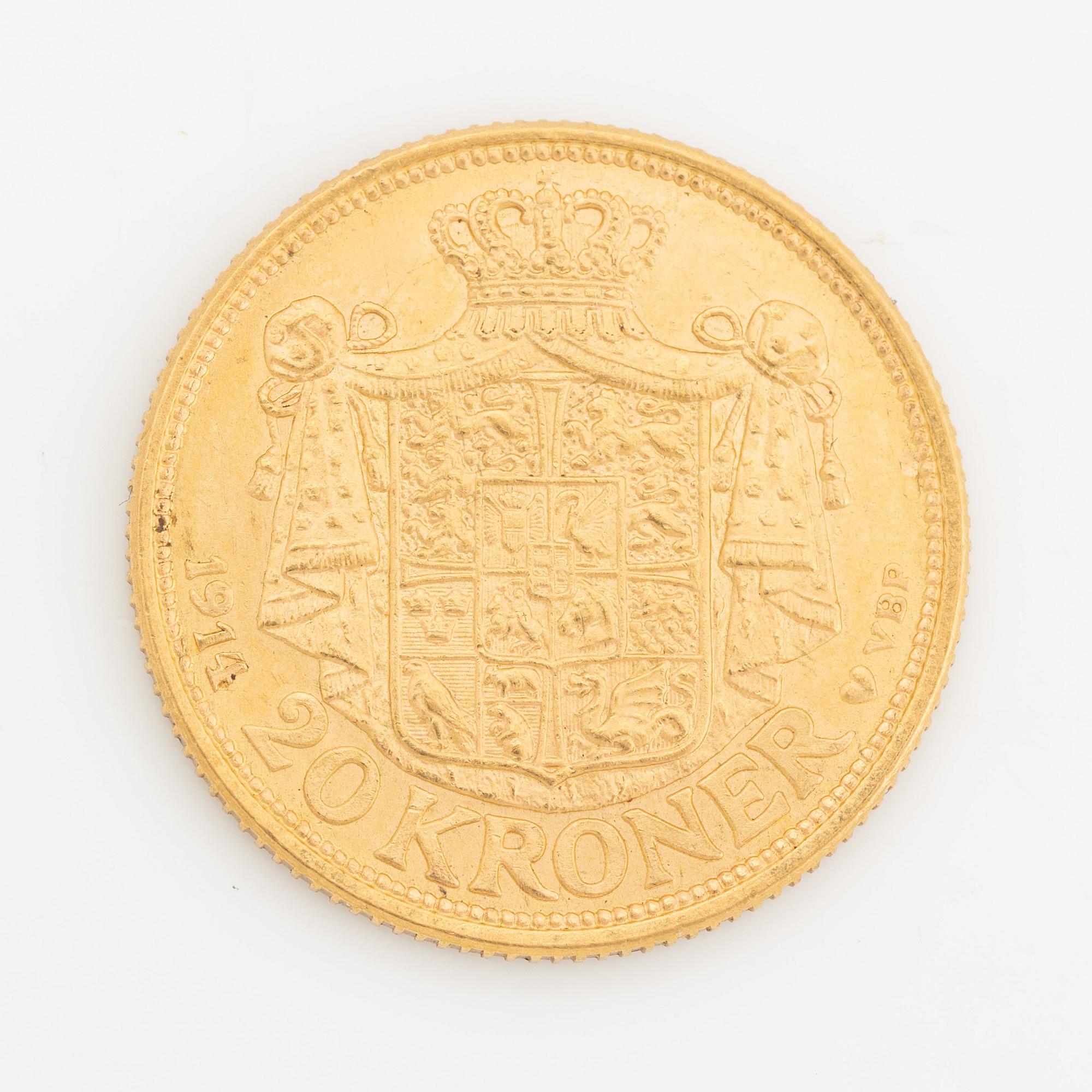 A Danish goldcoin, 20 kr, 1914.