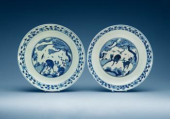 1538. A pair of blue and white chargers, Ming dynasty, Wanli (1573-1619).