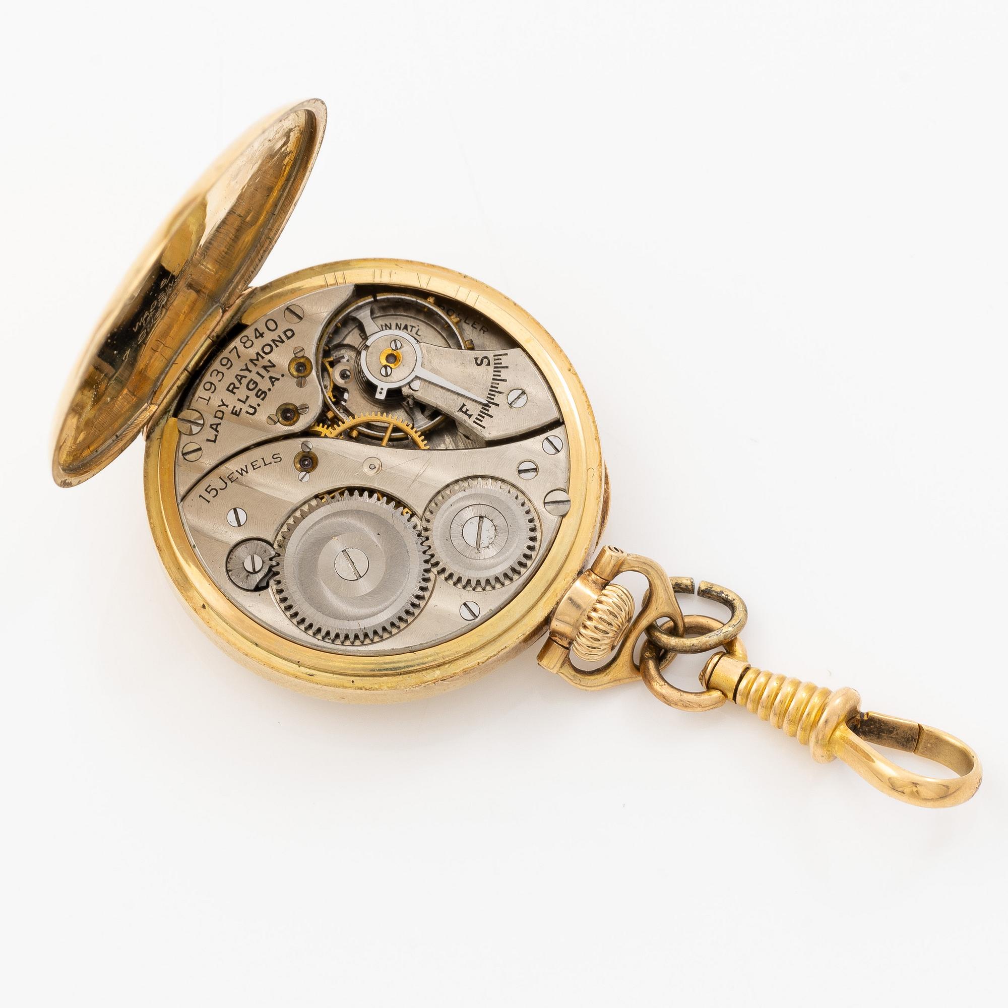 Elgin National Watch Co, Lady Raymond, fickurshänge, 28 mm, 14K guld.