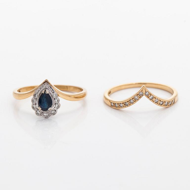 Rings, 2 pcs, faceted sapphire, brilliant- and 8/8-cut diamonds, 18K gold.