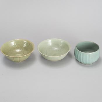 A group of three celadon bowl, South East Asia, 17th Century and later.