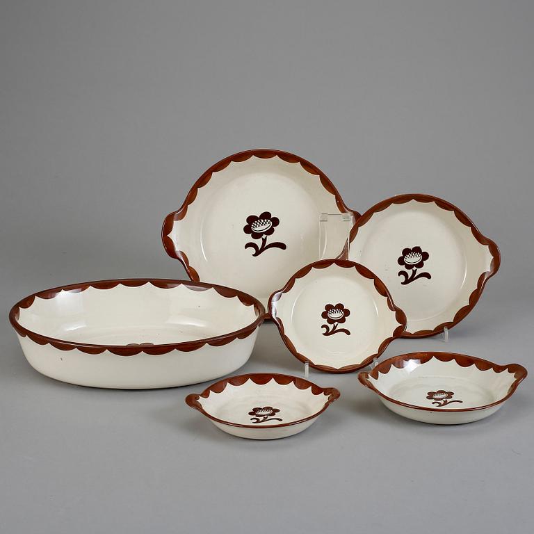 SERVISDELAR, 6 st, flintgods, Pyro Brun, Wilhelm Kåge, Gustavsberg, 1900-tal.
