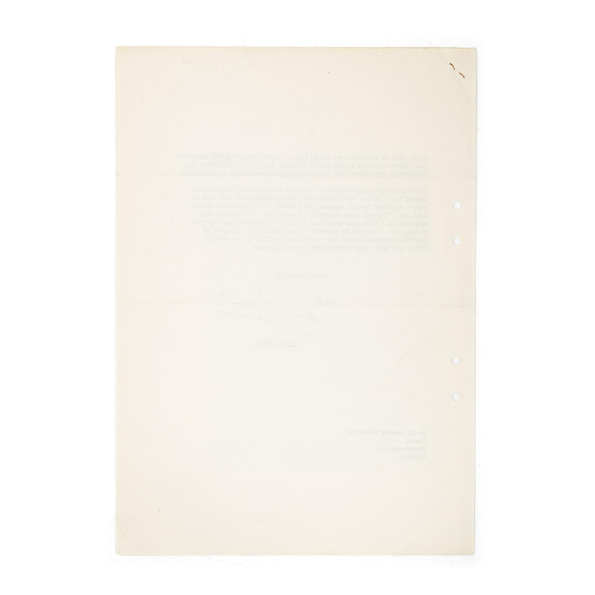 Signed letter from James Hunt to Smog Racing Division, 1969, together with a signed photograph of James Hunt.