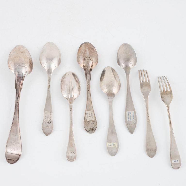 Six spoons and two forks, silver, Sweden, 18th-19th century.