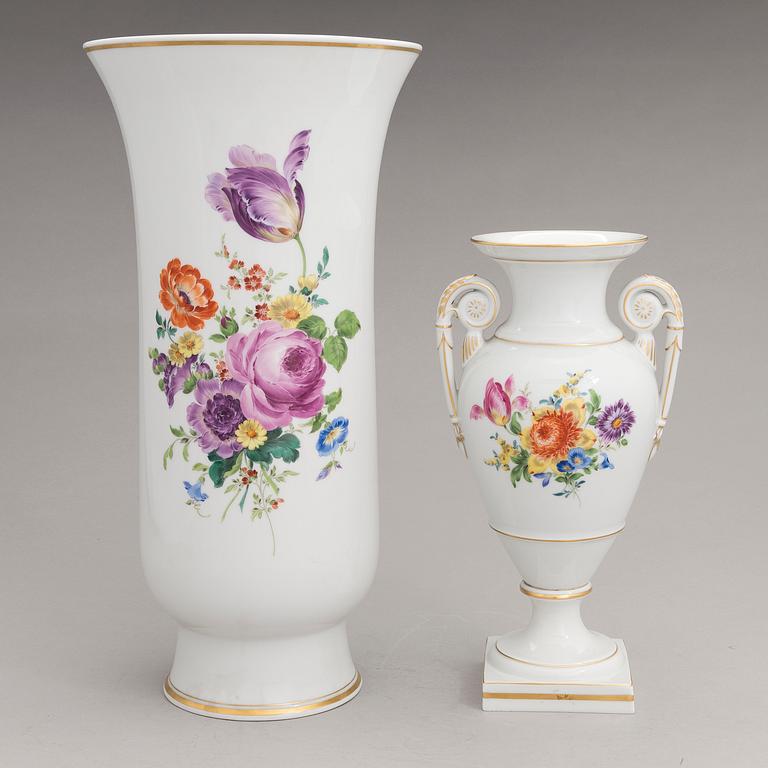 Two Meissen porcelain vases, a platter, an urn and a lidded box from the latter half of 20th century.