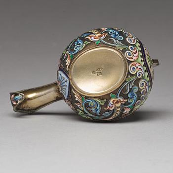 A Russian 20th century silver-gilt and enamled kovsh, mark of the 11th Artel, Moscow 1908-1917.