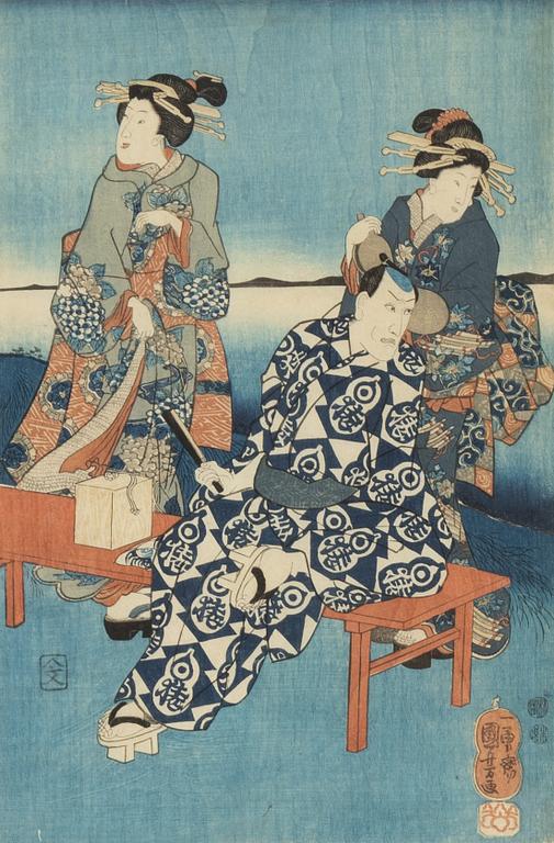 Utagawa Kuniyoshi, färgträsnitt, 3 st, Japan, 1800-talets mitt.