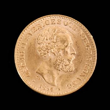 GULDMYNT, 10 kronor, Oscar II, 1894.  Vikt ca 5 gram.