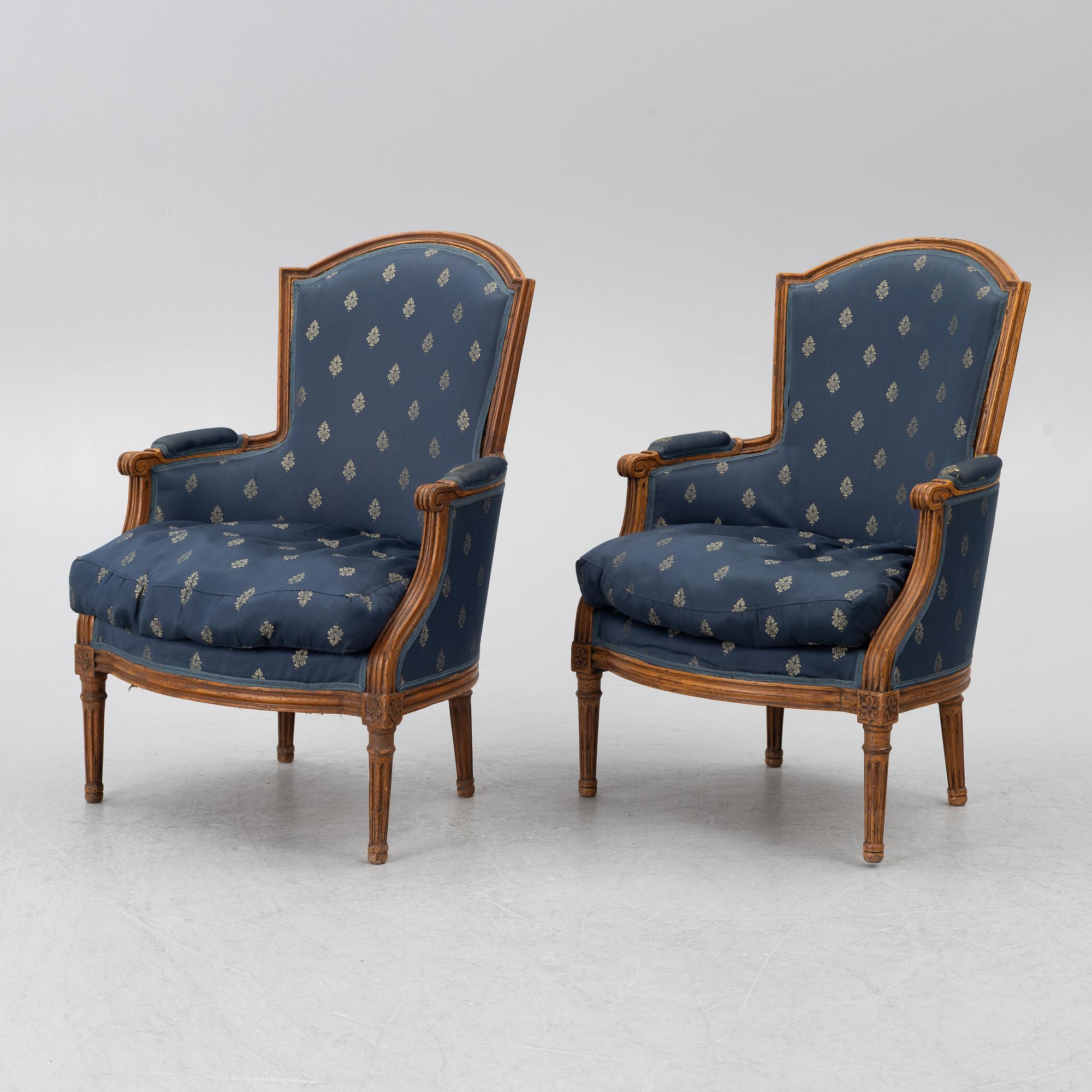 Fåtöljer, 3 st, Louis XVI-stil, Frankrike, 1800-talets slut.