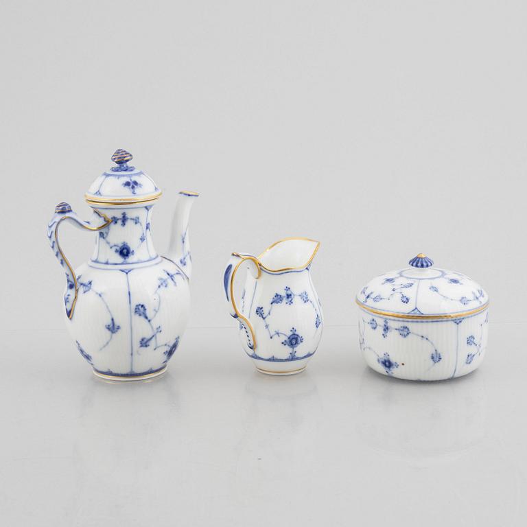 A "Blue fluted"/"Musselmalet riflet" porcelain mocha pot, a sugar box with cover and a creamer, Royal Copenhagen, 19th c.