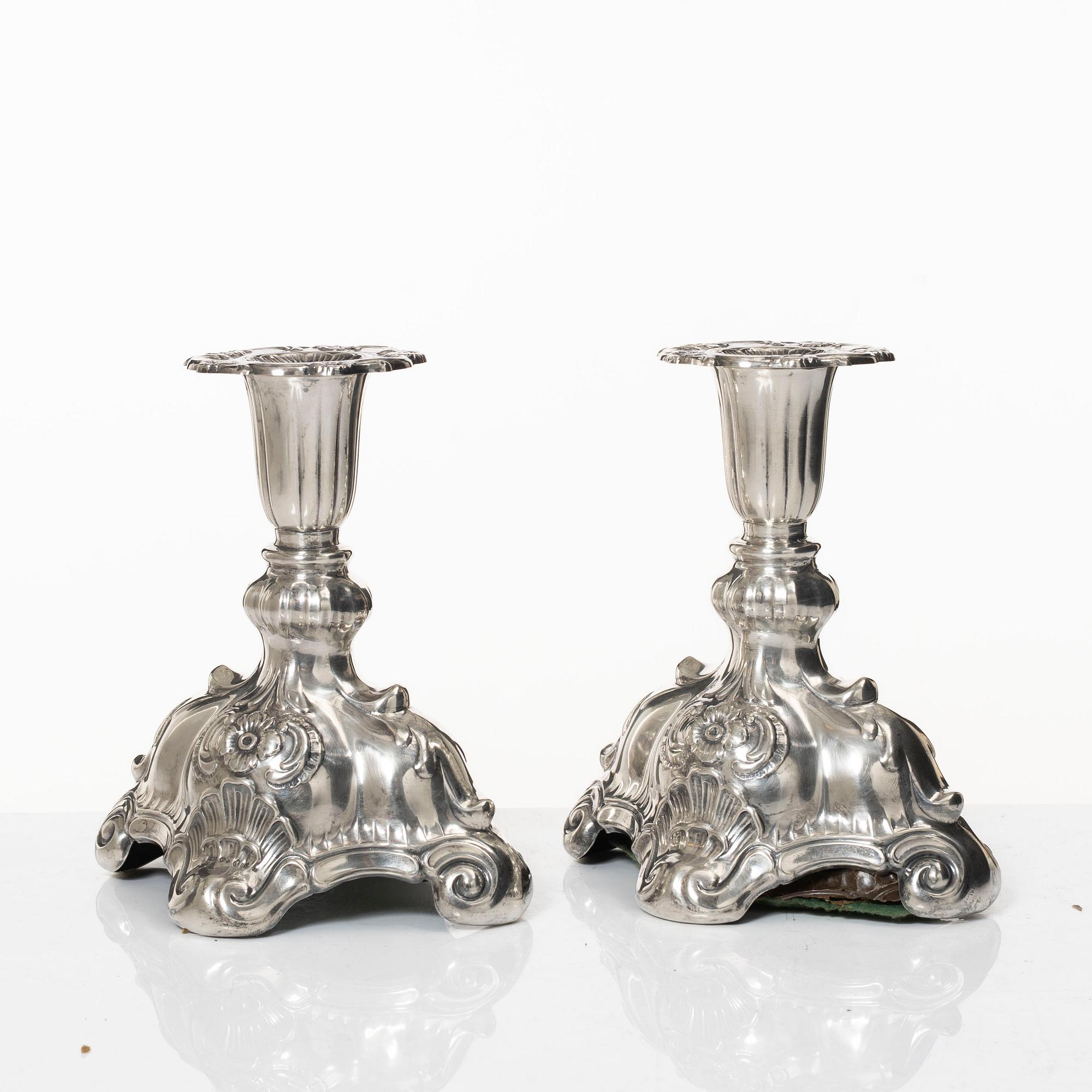 C.G. Hallberg, Candelsticks, a pair, silver, Baroque style, Stockholm 1943.