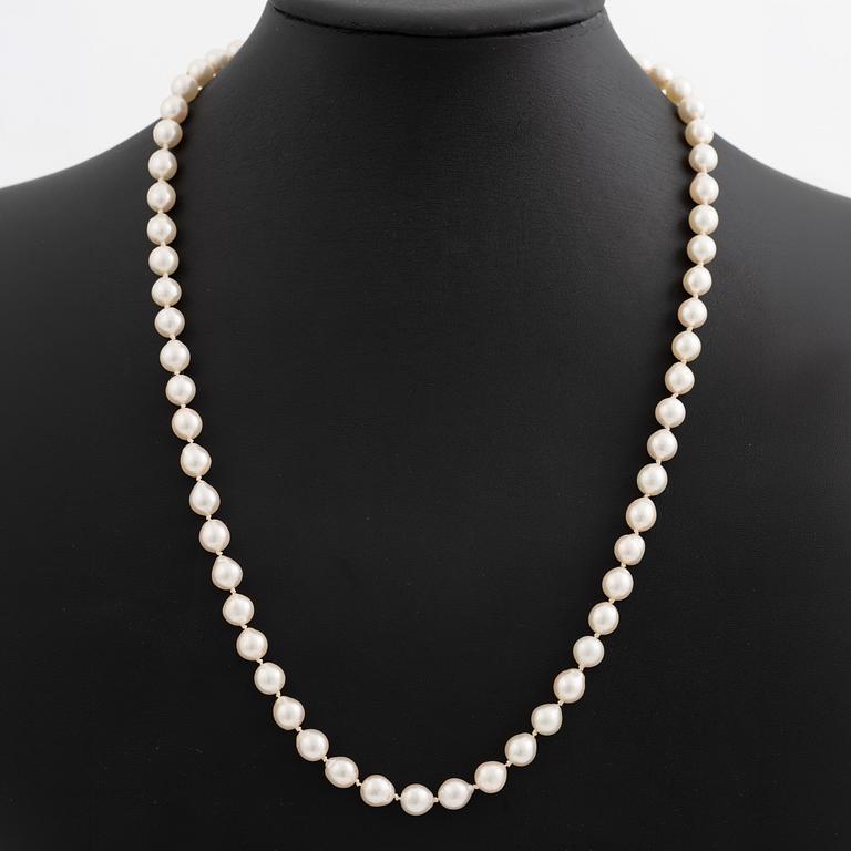 Pearl necklace, cultured pearls with a clasp in 18K gold and small diamonds.