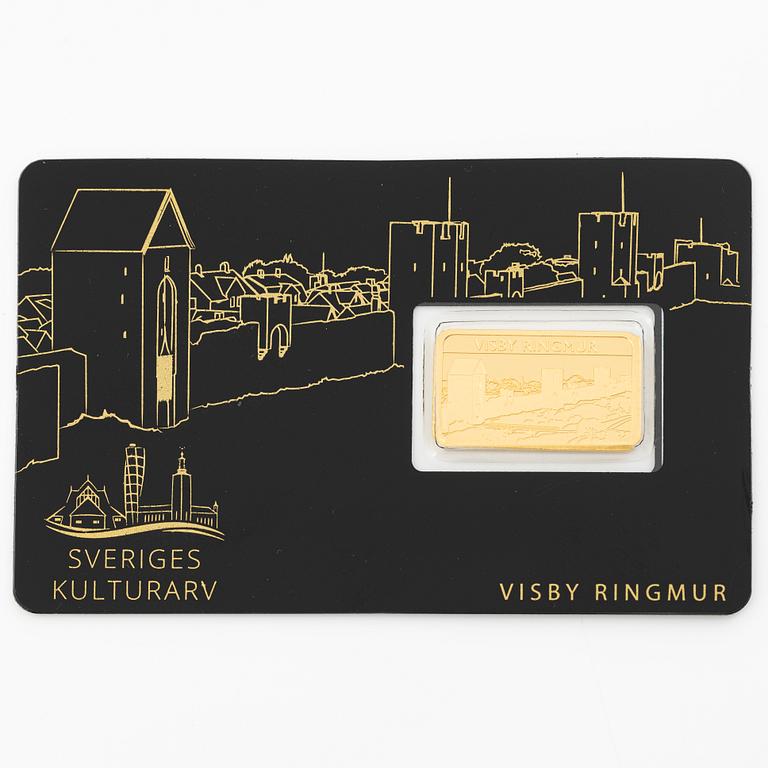 Gold bar, 999.9. “Visby City Wall”, Schöne Edelmetaal.