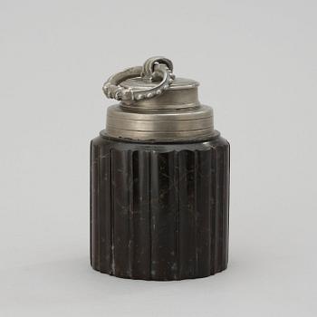 A Baroque 17th century serpentine stone and pewter jar with cover.