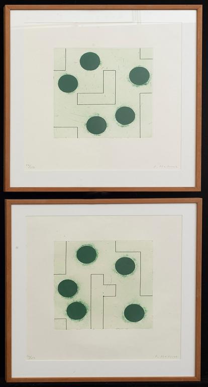 PETER HAHNE, two signed and numbered colour etchings.