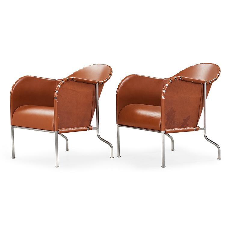 Mats Theselius, A pair of 'Bruno' brown leather and steel easy chairs, Källemo, Sweden.