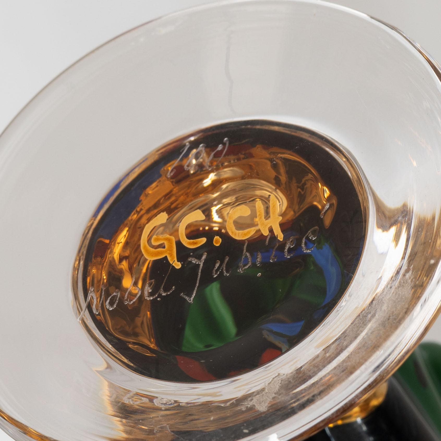 Gunnar Cyrén, snapsglas, 2 st, sk djävulsglas, ur Nobel-servisen, Orrefors.