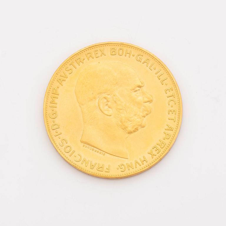 An Austrian gold coin, re-strike 100 Corona 1915.