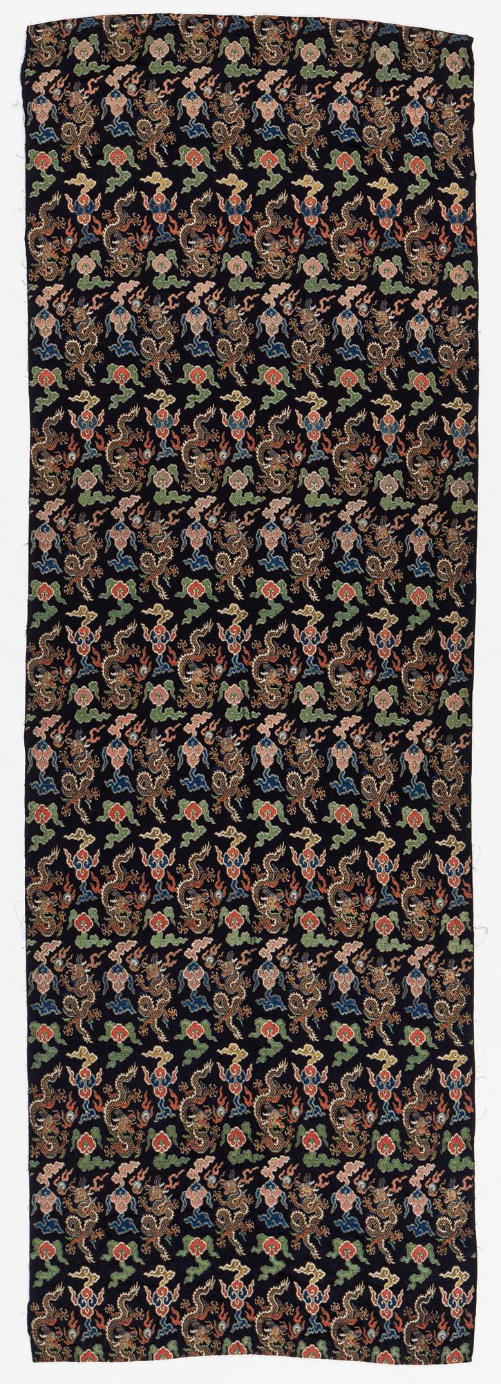 A set of three bolts of silk with 'five clawed dragons' against a midnight blue ground, Qing dynasty, 19th century.