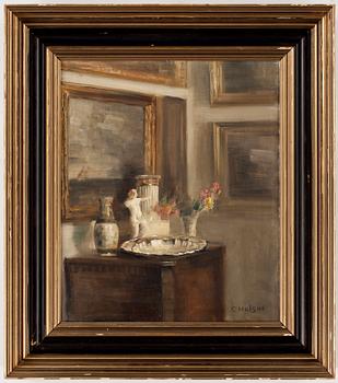 235. Carl Holsoe, Interior with silver plate.