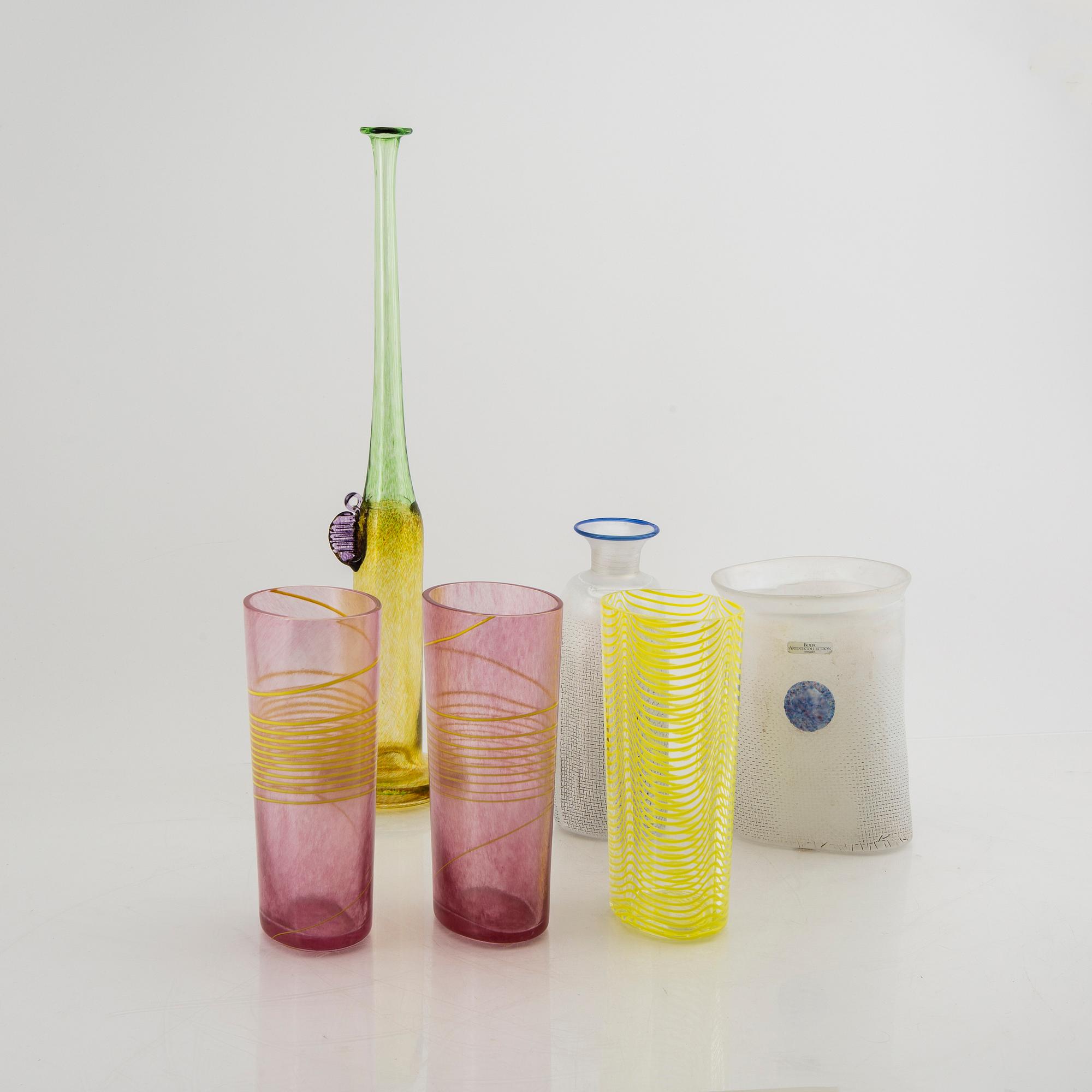 Bertil Vallien/Kjell Engman, a set of six signed glass vases.