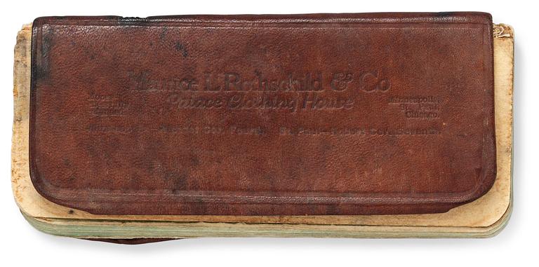 R.M.S. TITANIC THIRD CLASS PASSENGER MALKOLM JOHNSON COLLECTION: NOTEBOOK. Leather and paper 13,5x6 cm. Provenance: Malkolm Johnson. Thence by descent. This notebook is listed on the offical list from the Swedish ministry for foreign affairs.