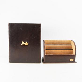 Céline, wastebasket, letter holder, and desk pad, second half of the 20th century.
