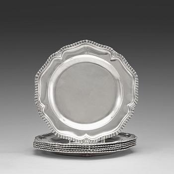 A set of six English 18th century silver plates, marks of John Parker I & Edward Wakelin, London 1765.