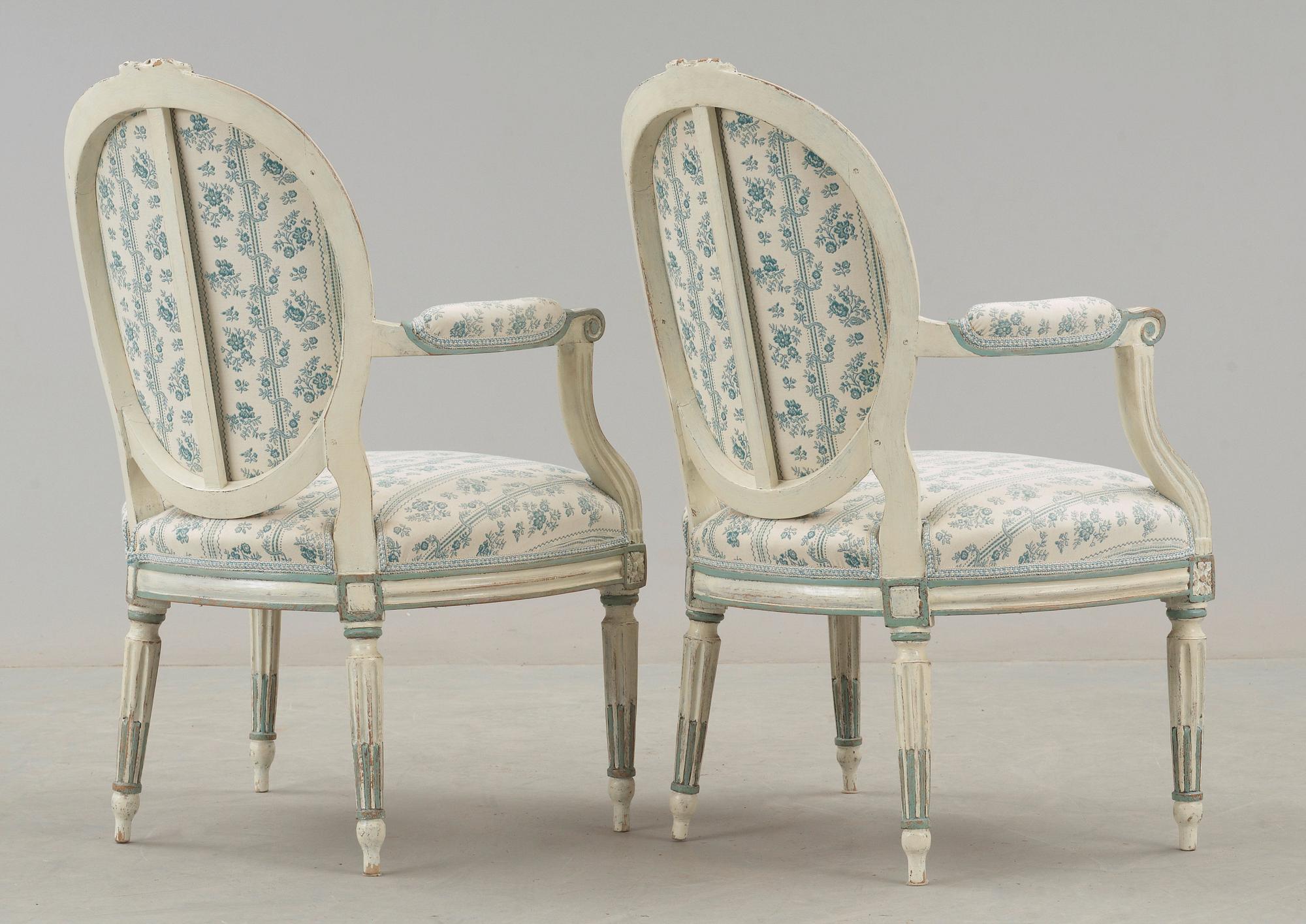 SOFFA, SAMT KARMSTOLAR, ett par. Louis XVI-stil, 1800-tal.