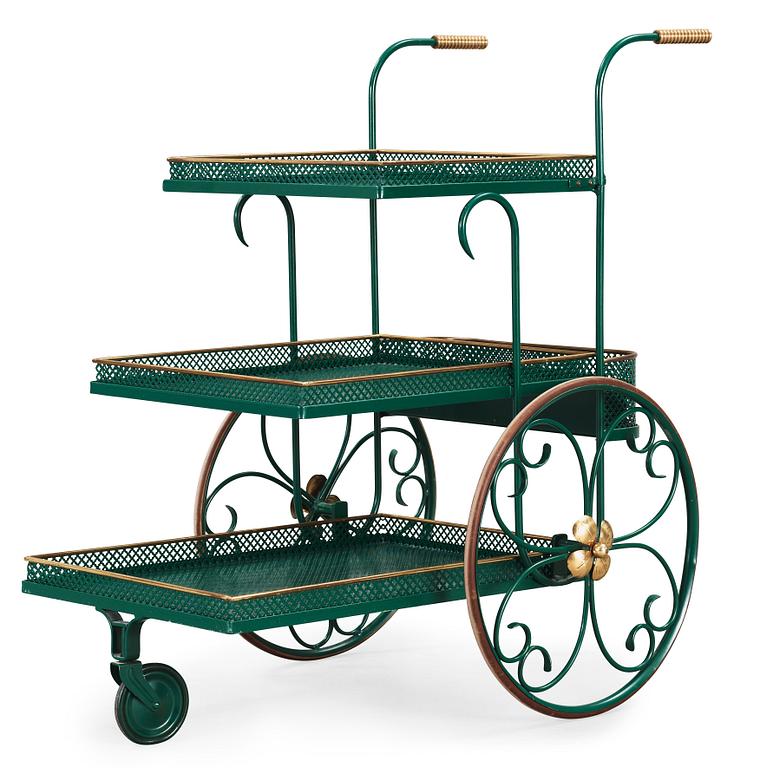 A 1940's-50's, green lacquered metal and brass serving trolley, 1940's-50's.