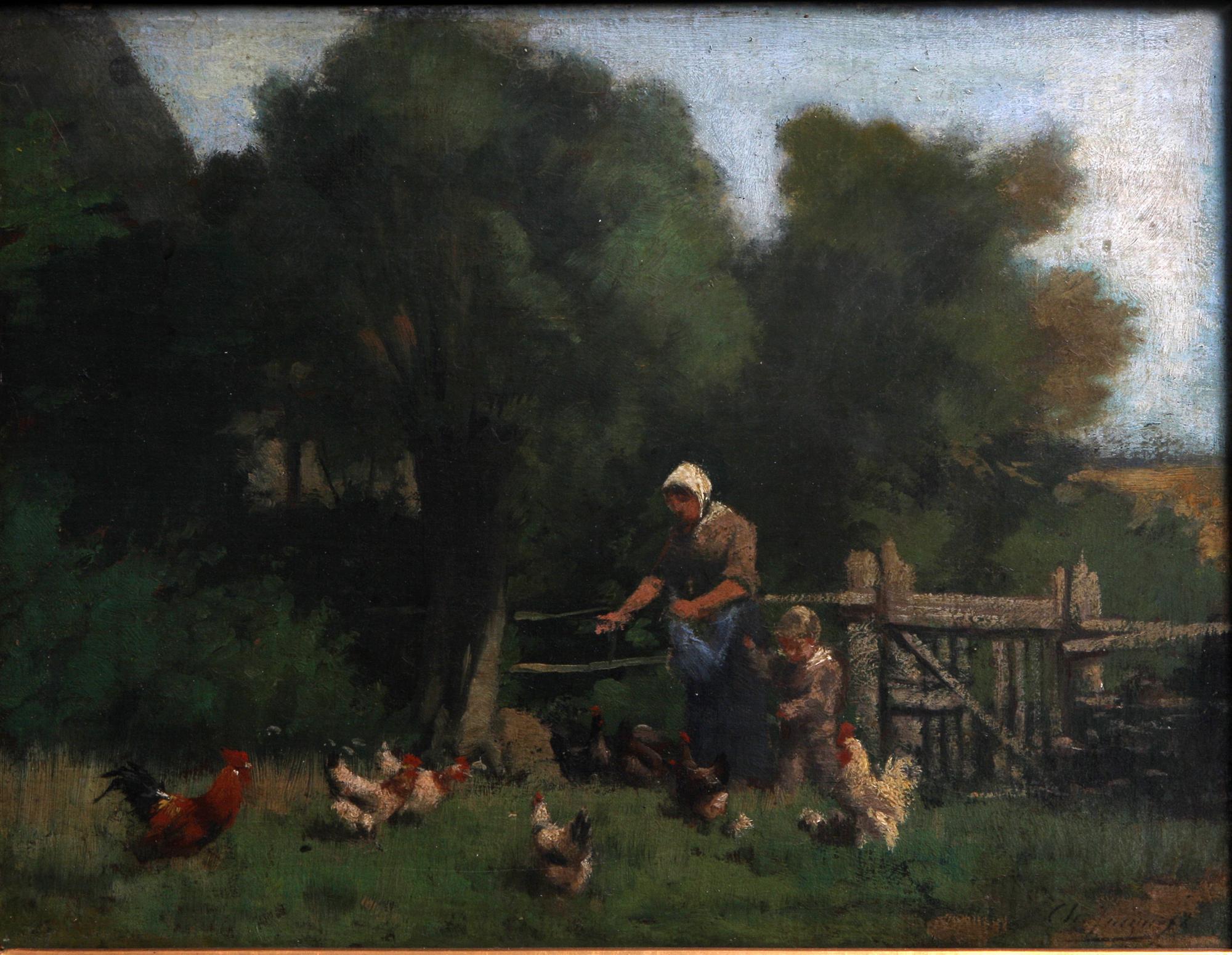 CHARLES EMILE JACQUE, troligen, olja på pannå, otydligt sign.
