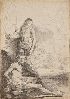 730. Rembrandt Harmensz van Rijn, "Nude man standing, another seated".