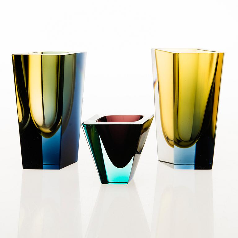 KAJ FRANCK, three, 'Prism' vases signed K. Franck Nuutajärvi Notsjö -59, -63, -64.