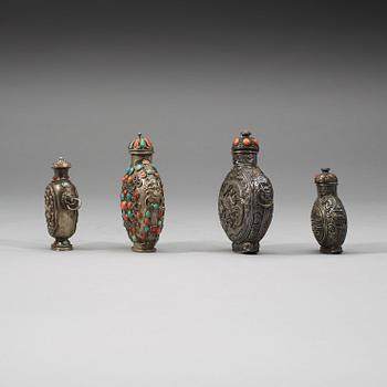 A group of four snuff bottles, Tibet, 19th Century.