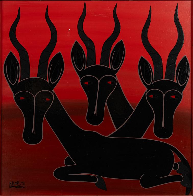 Hashim Mruta, in the style of Tingatinga painting, Antelopes.