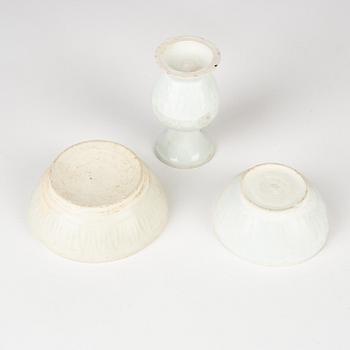 A qingbai vase and two lower parts of boxes, Song dynasty (960-1279).