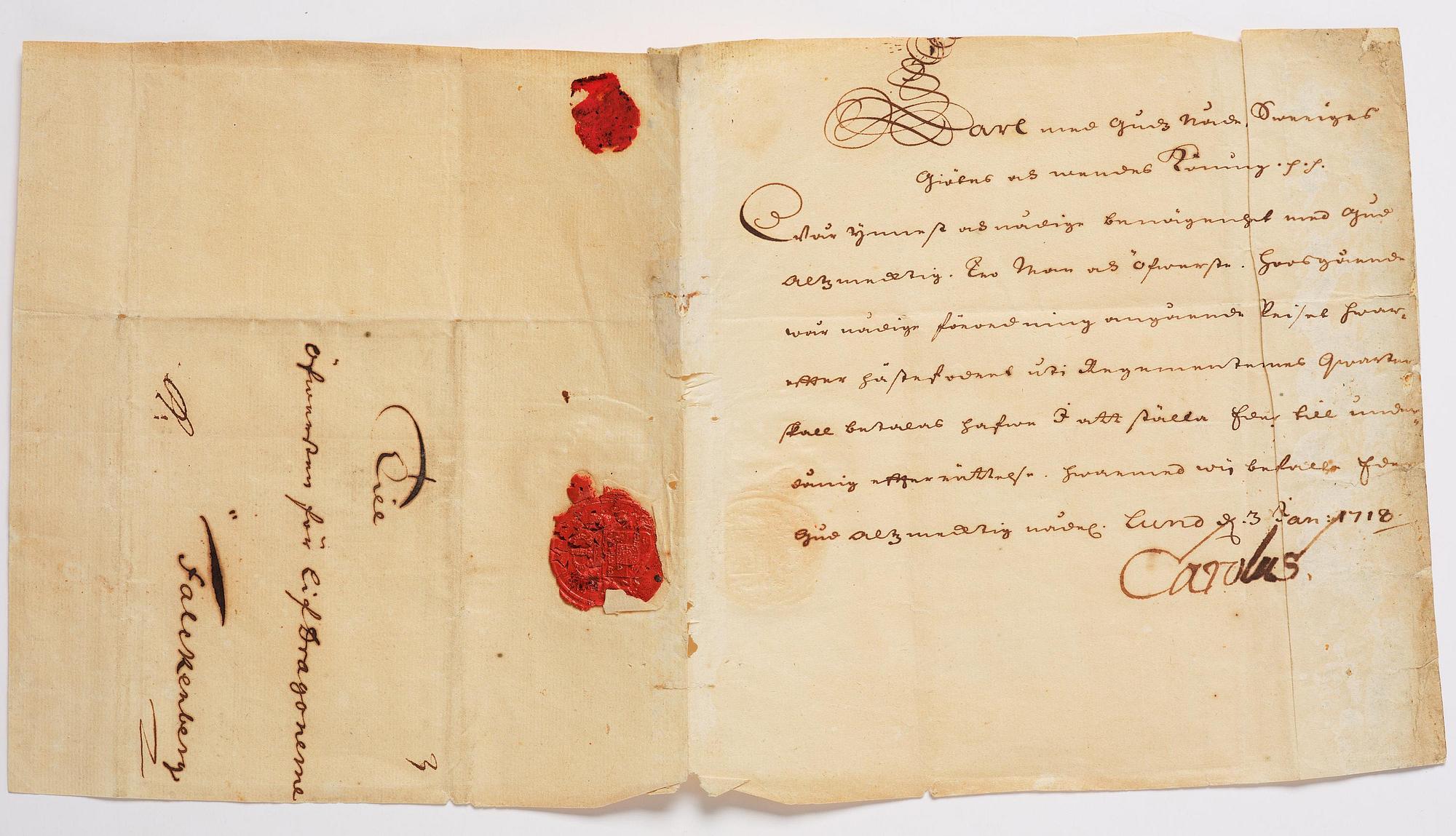 Karl XII, handwritten letter presumably to Colonel Henrik Falkenberg of Bålby, dated Lund 3 Jan 1718.