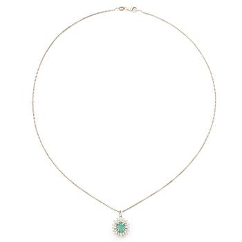 Hänge 14K vitguld med smaragd och briljantslipade diamanter, kedja silver.