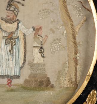 A late Gustavian frame and silk embroidery, dated 1802.