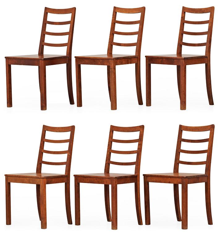 A set of six stained birch dinner chairs, Nordiska Kompaniet, NK, Stockholm circa 1923.