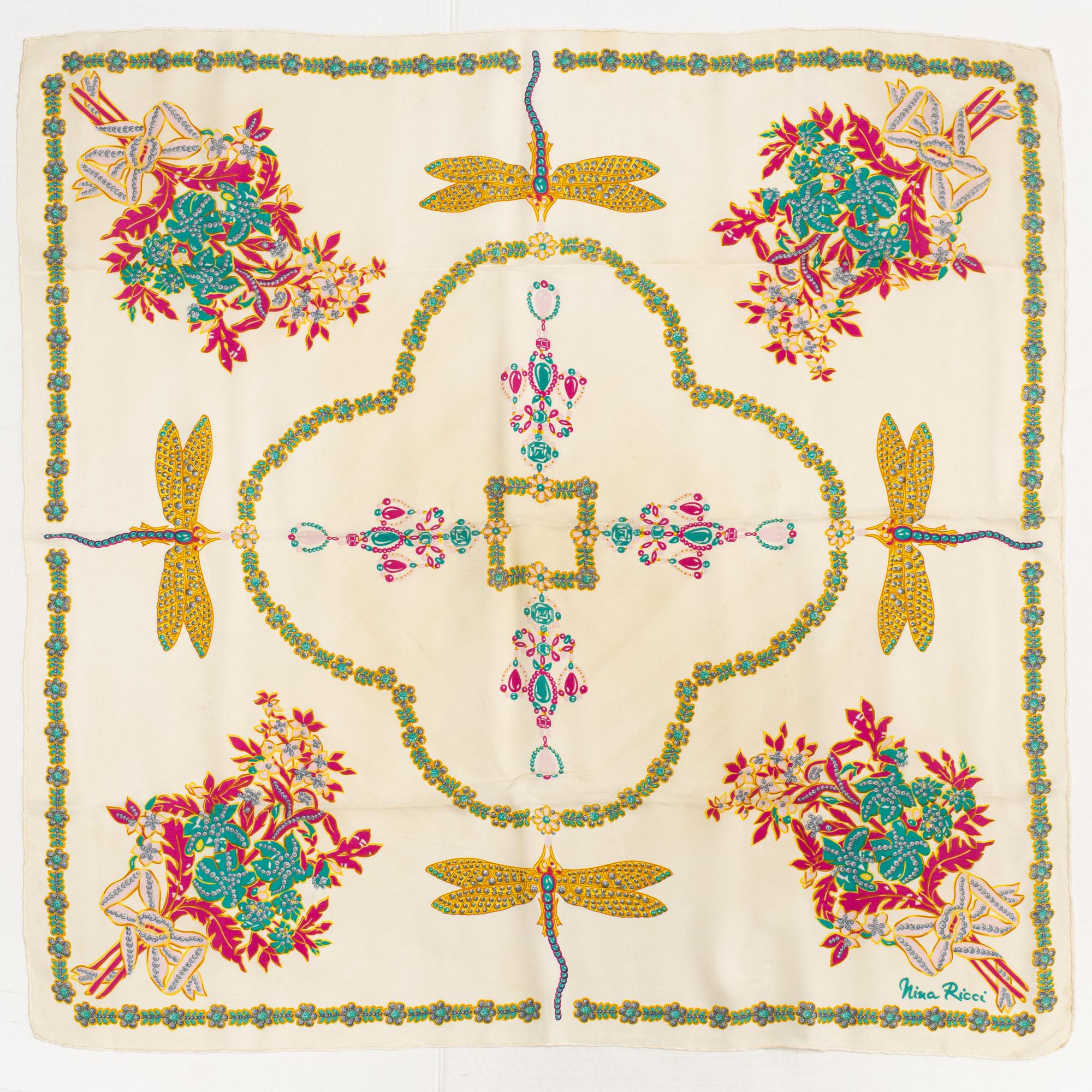 Nina Ricci, five silk scarves.